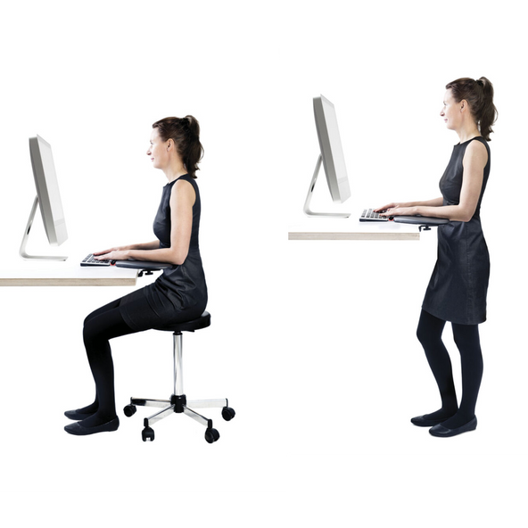 Benefits of a standing desk shown in two examples by a corporate woman